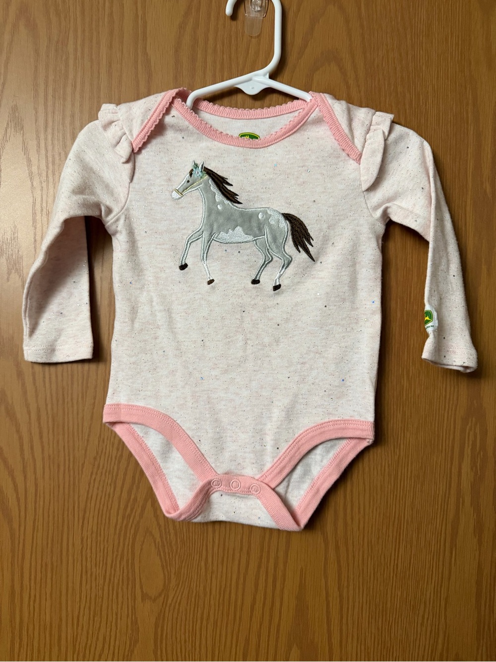 John Deere Pink and Gray Horse Applique Long-Sleeve One-Piece